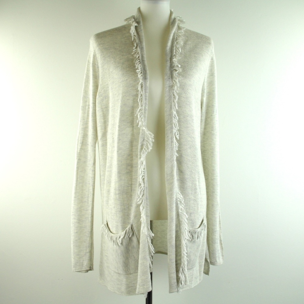 Lilly Pulitzer Bridget Heathered Grey Fringe Trim Open Cardigan Sweater L - Picture 2 of 7